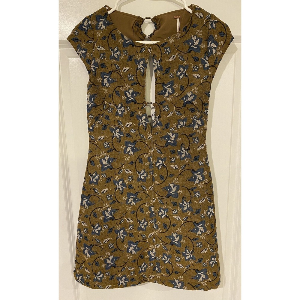 Free People Lace Strap Sleeveless Floral A-line Dress Brown Blue Mini‎ Size 2